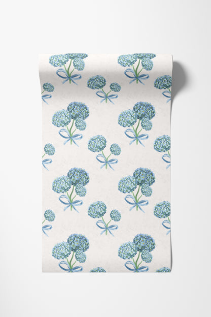 Roll of hydrangea floral wallpaper in off-white