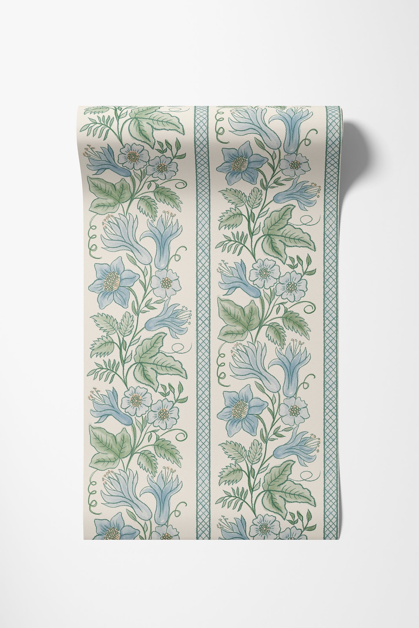 A roll of wallpaper with a vintage classic botanical pattern featuring light blue flowers and green leaves on an off-white background, with two vertical borders.