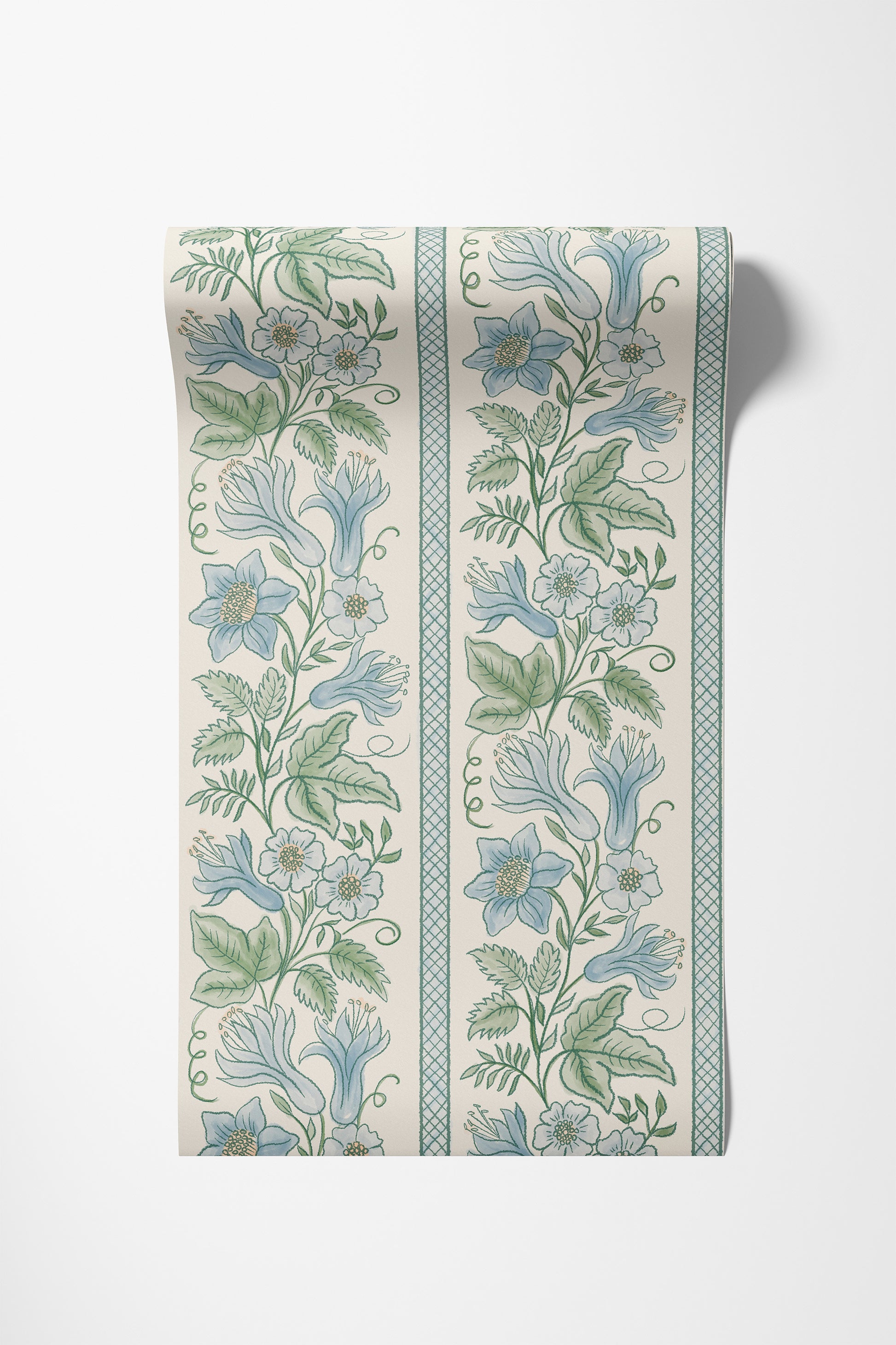 A roll of wallpaper with a vintage classic botanical pattern featuring light blue flowers and green leaves on an off-white background, with two vertical borders.