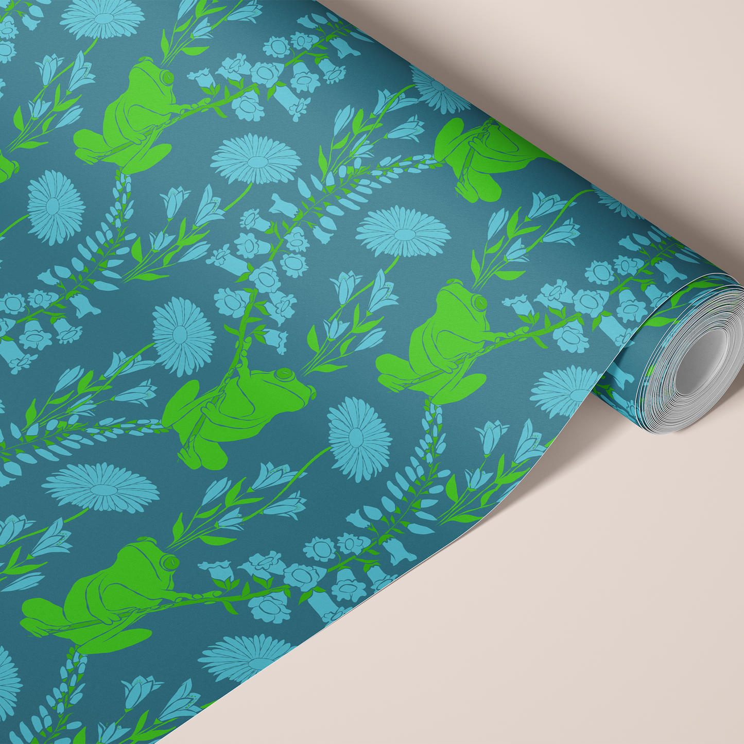 A roll of wallpaper with a green frogs and light blue wildflowers on a teal-blue background.