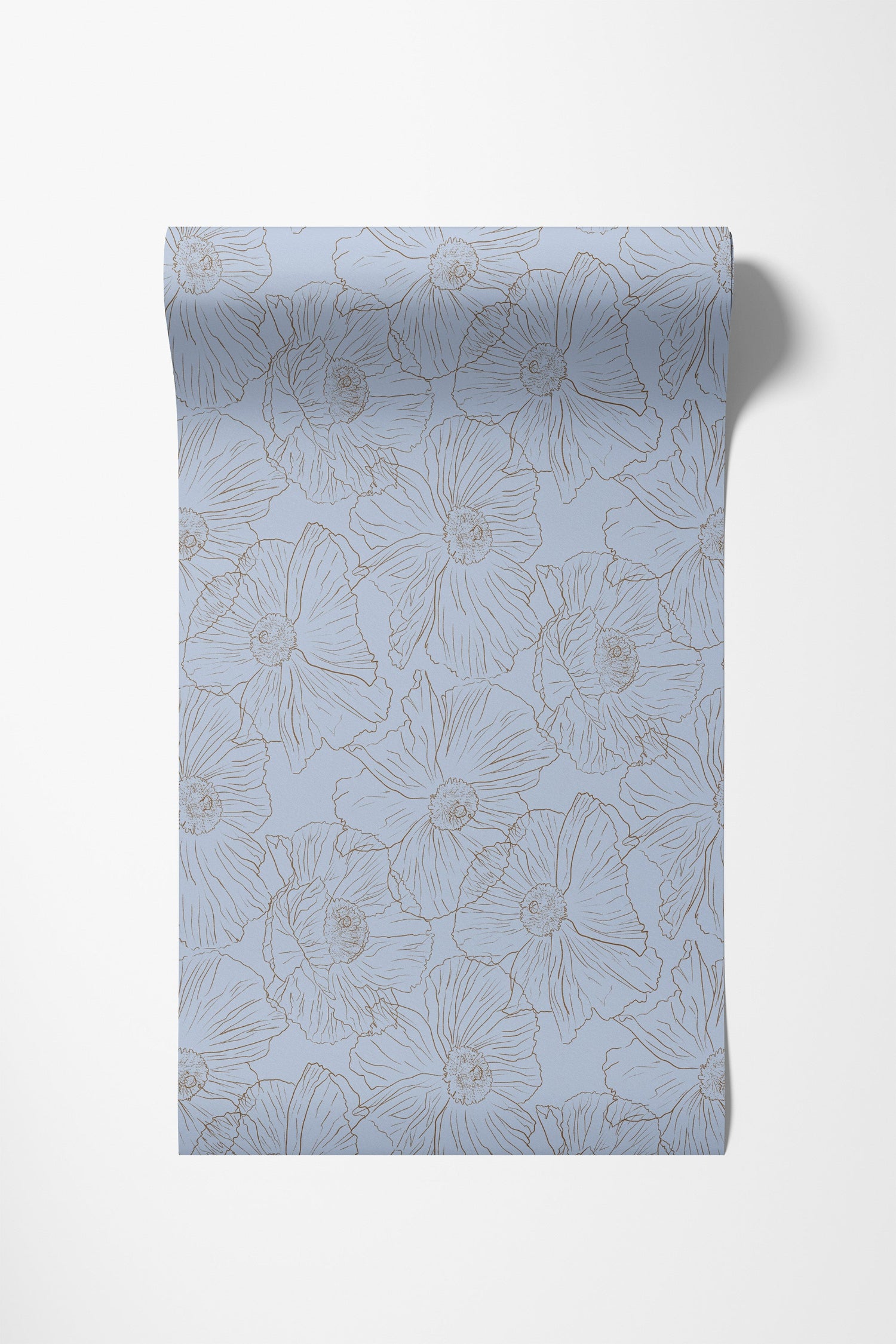 Light blue wrapping paper with a delicate beige floral line pattern, shown partially unrolled on a clean white background.