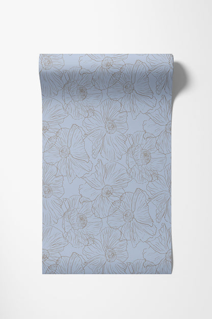 Light blue wrapping paper with a delicate beige floral line pattern, shown partially unrolled on a clean white background.