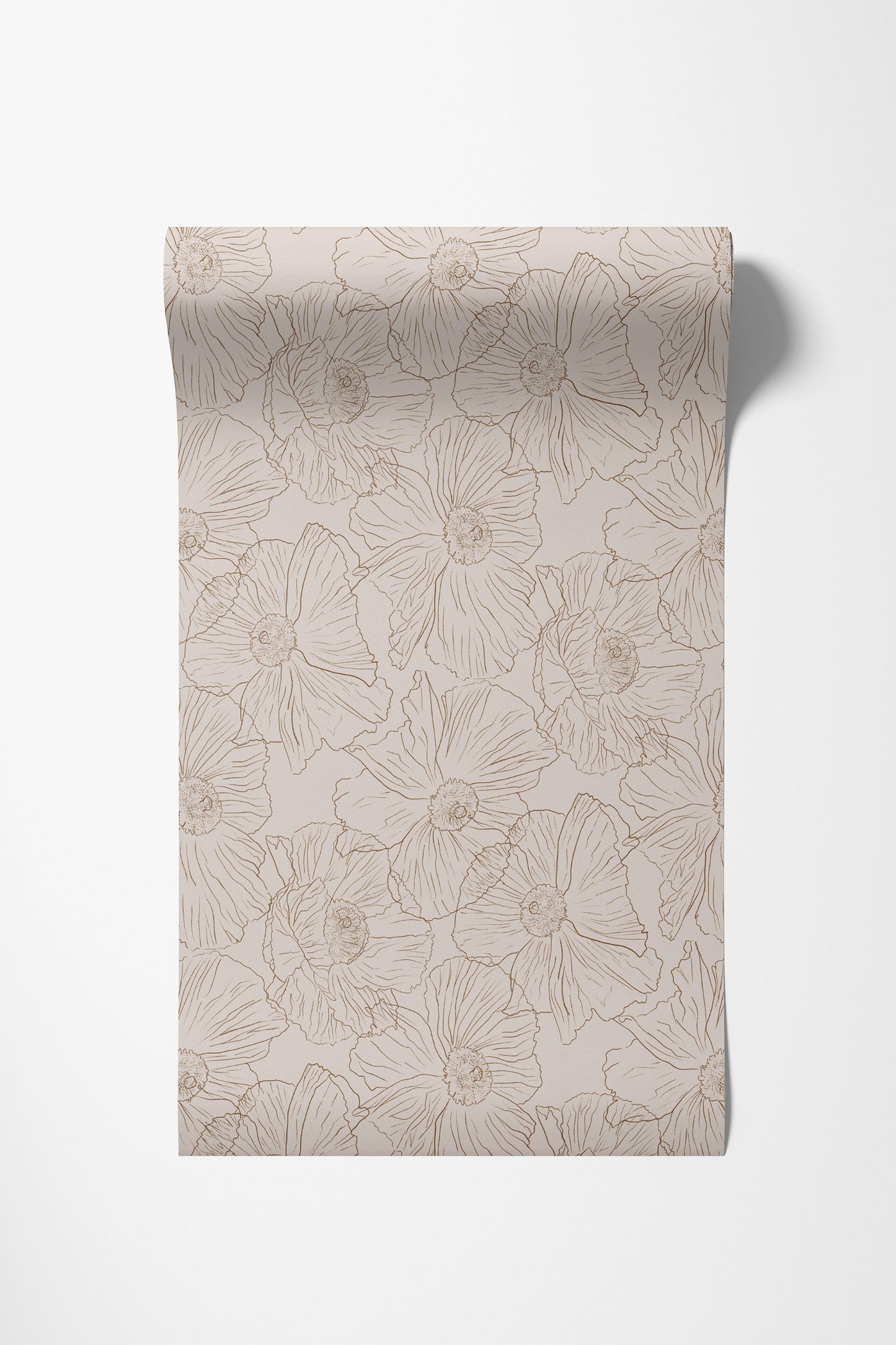 A roll of wrapping paper with a beige and light brown floral line-art pattern, shown partially unrolled against a clean white background.