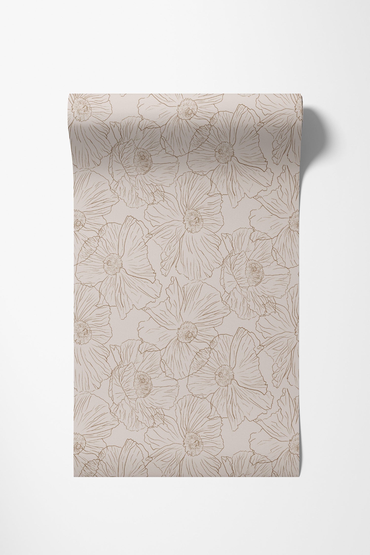 A roll of wrapping paper with a beige and light brown floral line-art pattern, shown partially unrolled against a clean white background.