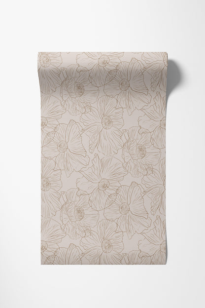 A roll of wrapping paper with a beige and light brown floral line-art pattern, shown partially unrolled against a clean white background.