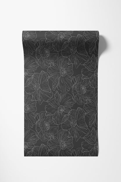 A roll of dark charcoal gray Wallpaper with a light gray floral line-art pattern
