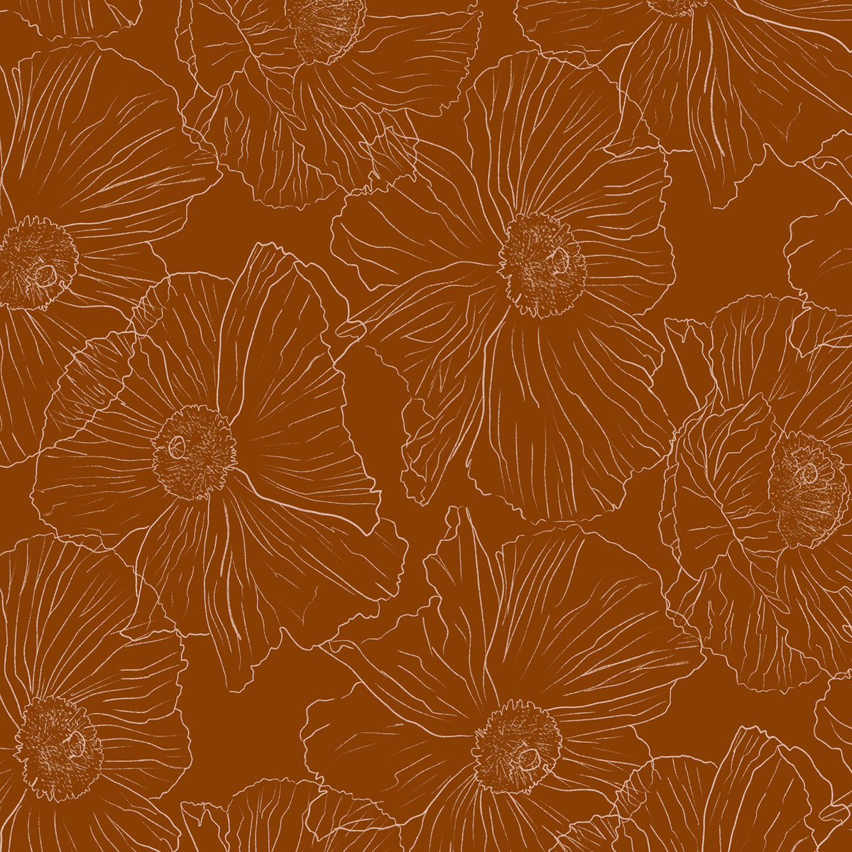 Romneya line art floral wallpaper in tan on cognac brown