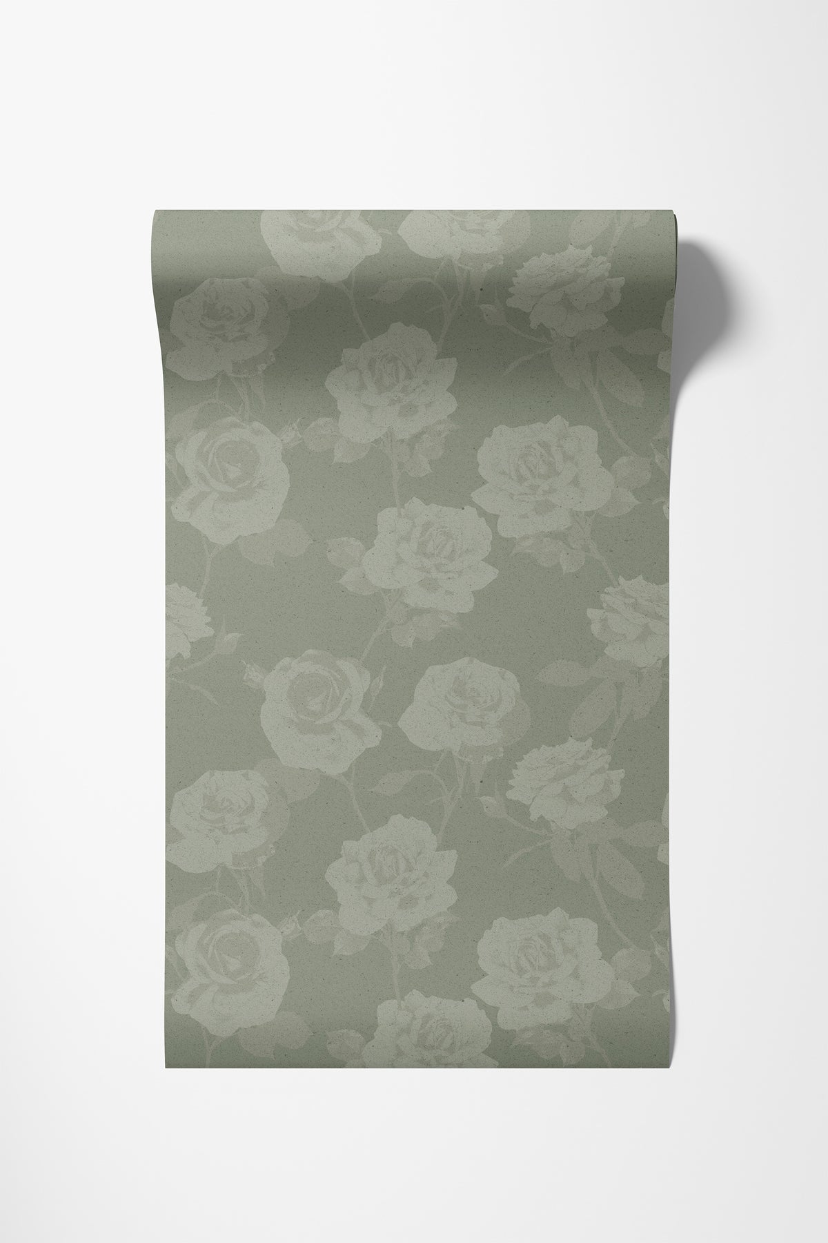 Roll of rose wallpaper in sage green