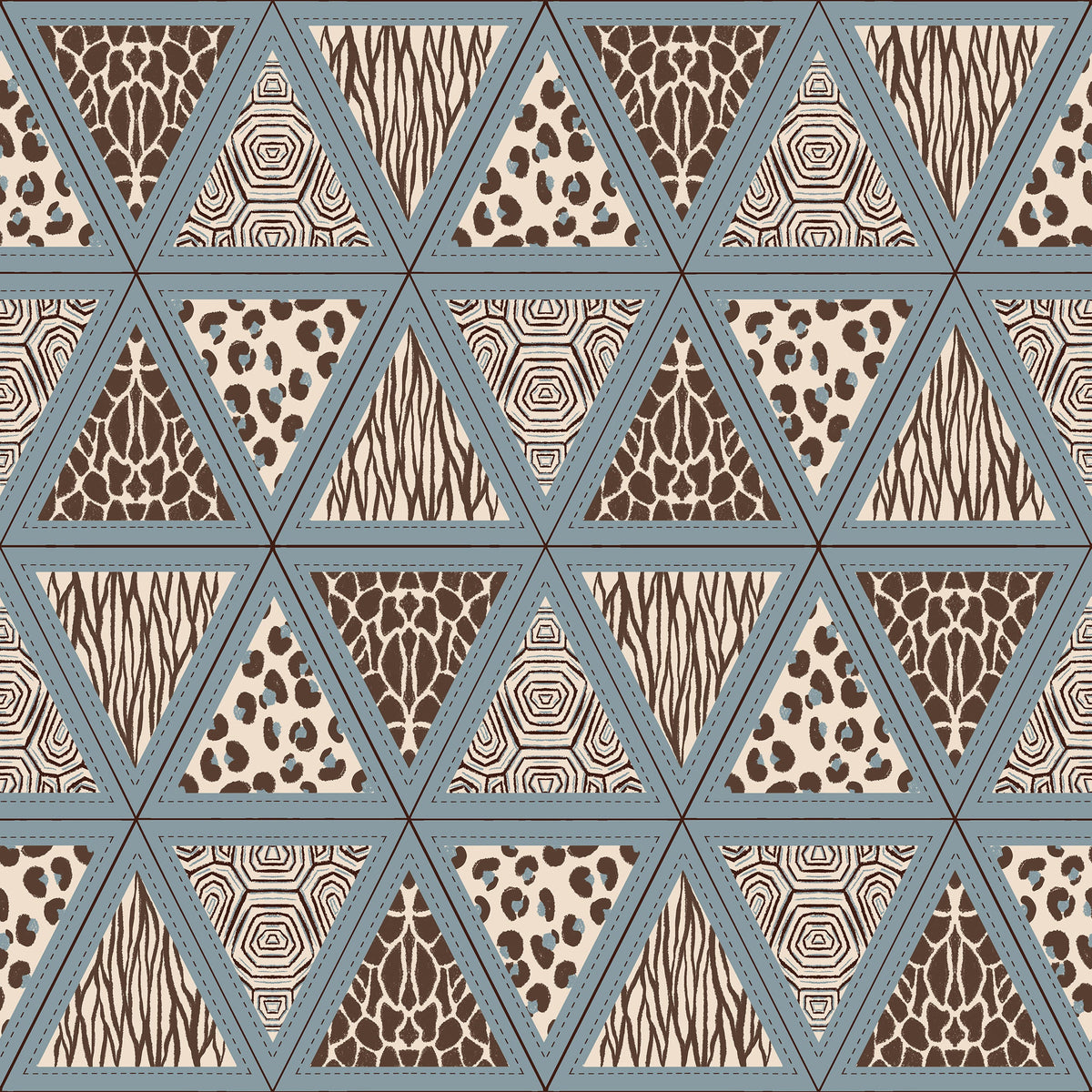 Safari animal print wallpaper with dusty blue triangles