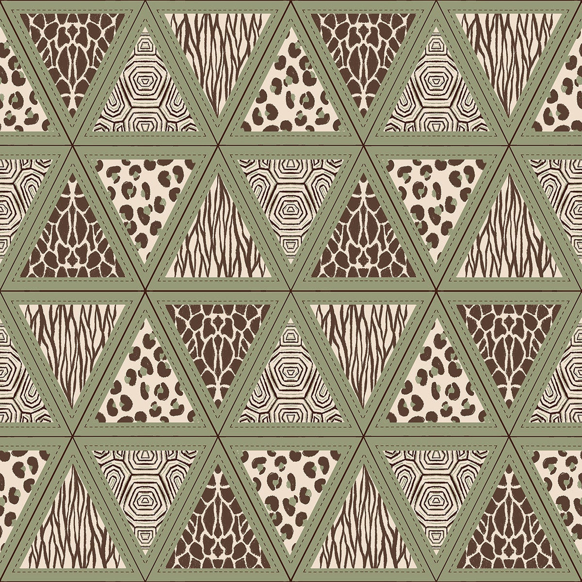 Safari animal print wallpaper with sage green triangles