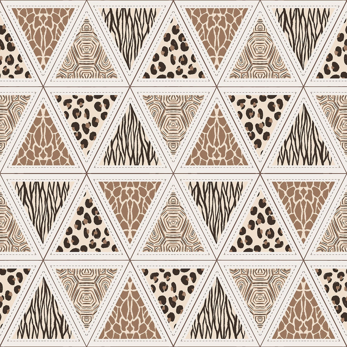 Safari animal print wallpaper with zebra, leopard and giraffe triangles in beige and brown