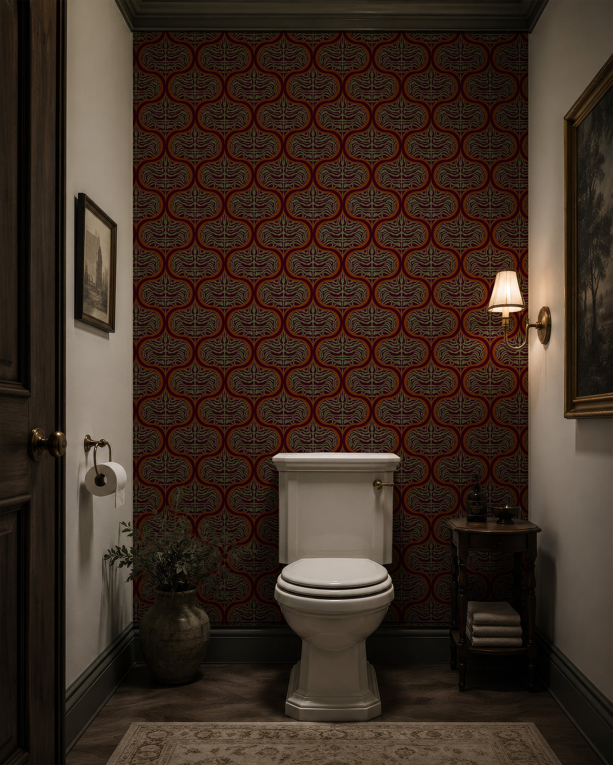 Sage and burgundy tiger ogee wallpaper in a powder room
