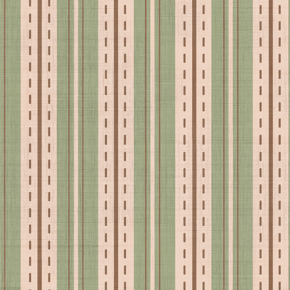 Sage green ticking stripe wallpaper swatch with dashed line and linen texture