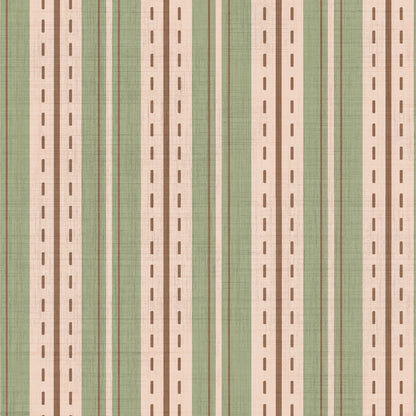 Sage green ticking stripe wallpaper swatch with dashed line and linen texture