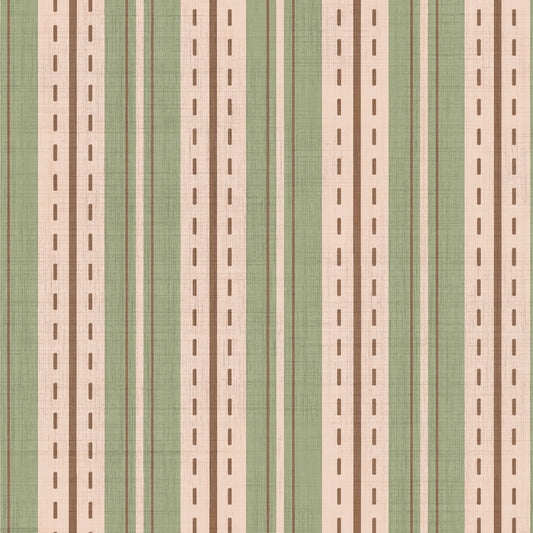 Sage green ticking stripe wallpaper swatch with dashed line and linen texture