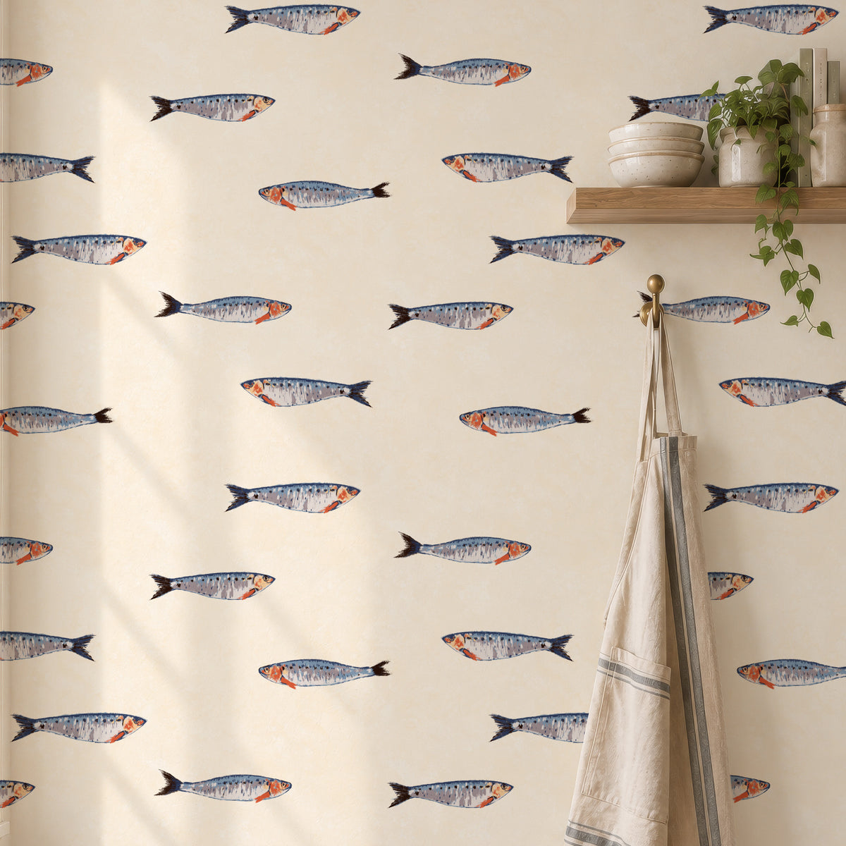 Butter yellow sardine wallpaper in a kitchen