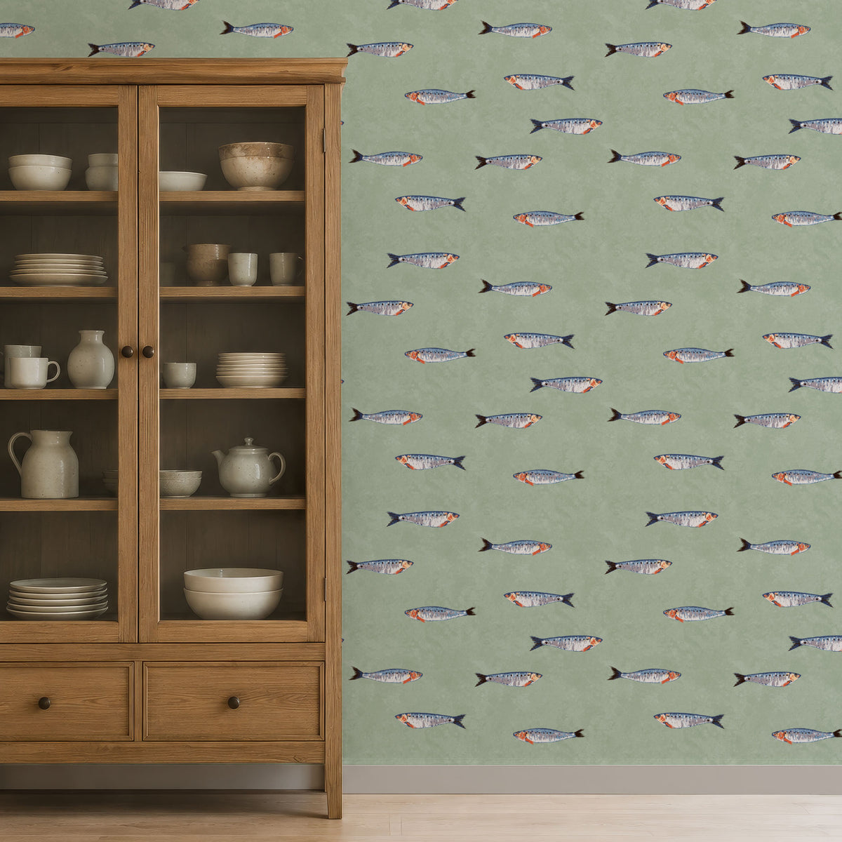 Kitchen cabinet with sardine wallpaper