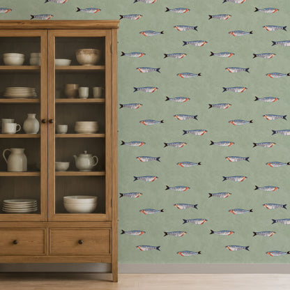 Kitchen cabinet with sardine wallpaper
