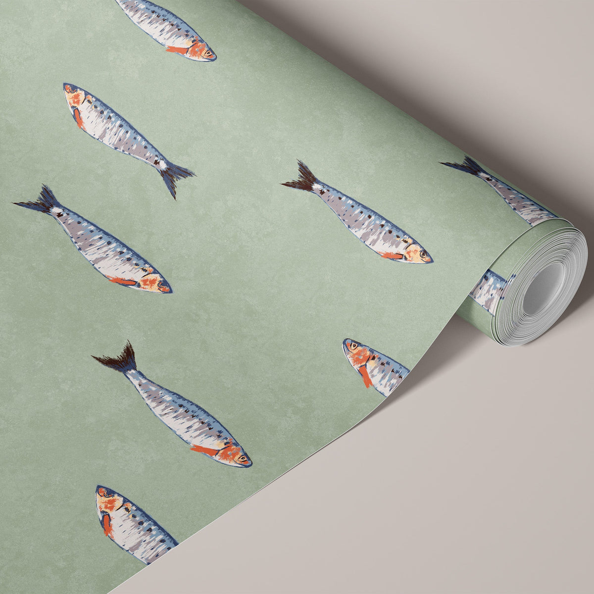 Roll of green sardine wallpaper