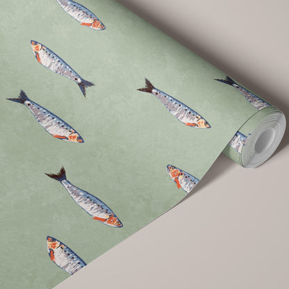 Roll of green sardine wallpaper