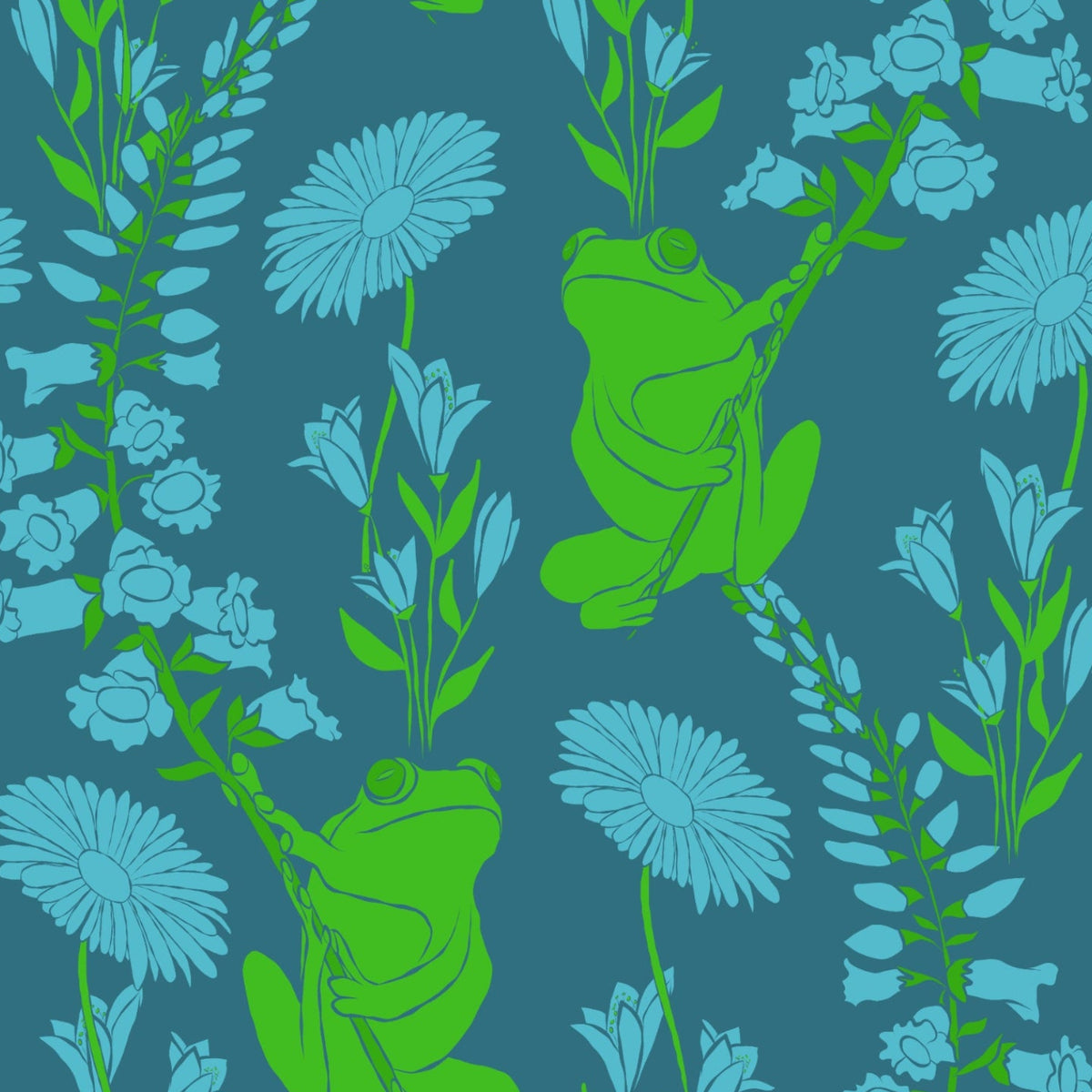 Frogs wallpaper in bright green on teal