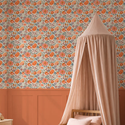 Cream floral wallpaper with peach flowers above terracotta paneling in a kids room with a canopy