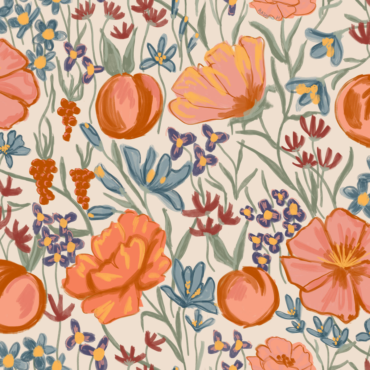 Hand-drawn floral wallpaper in peach, blue and orange on cream