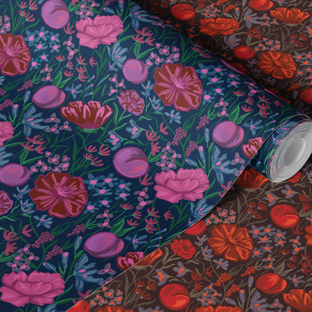 Roll of floral wallpaper in violet and pink on navy
