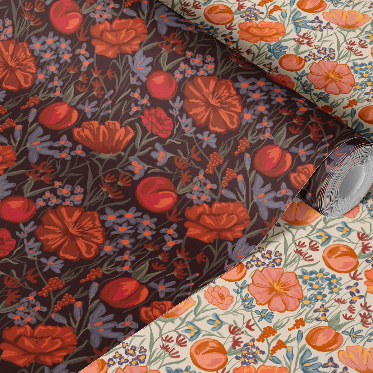 Rolls of floral wallpaper in red on dark brown and peach on cream