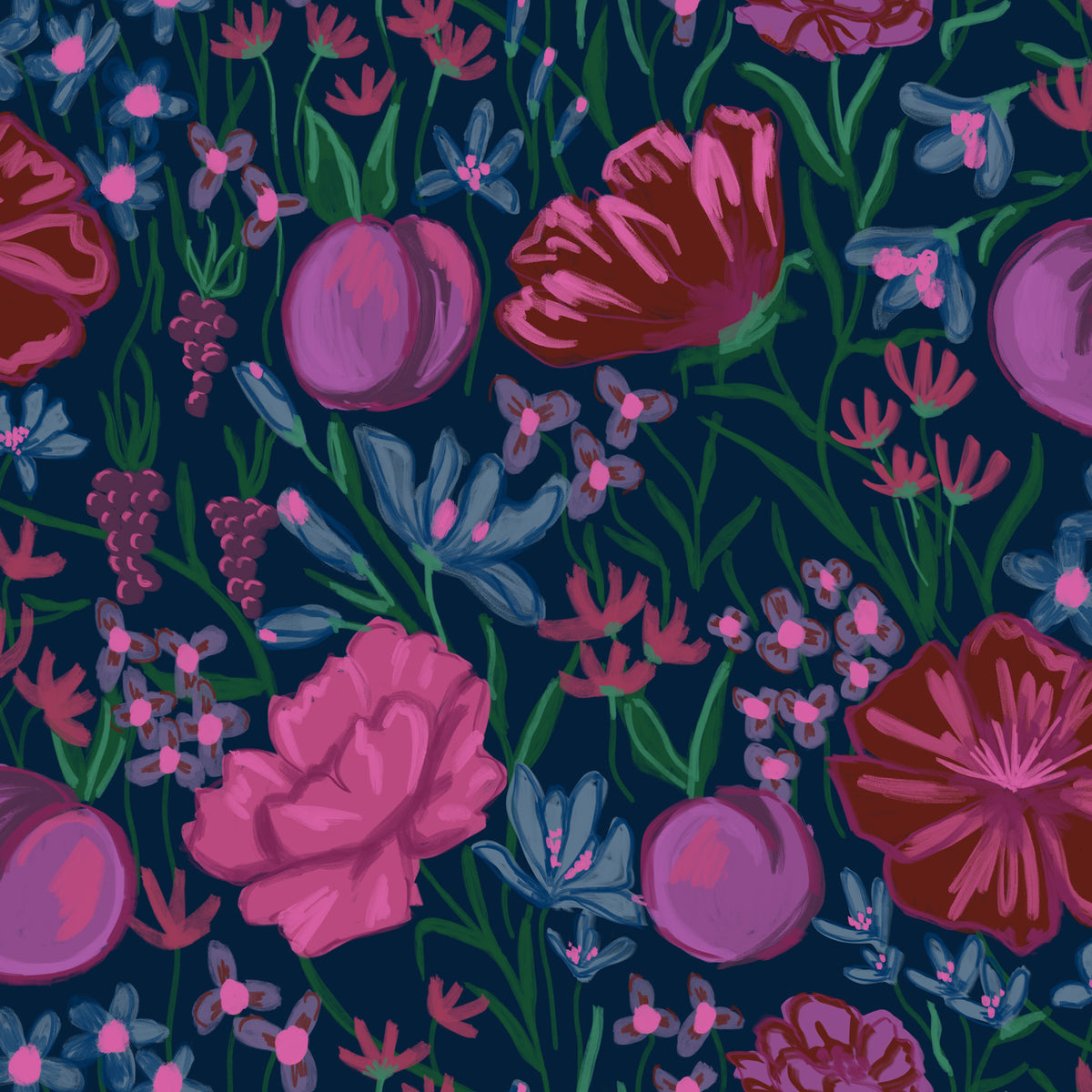 Hand-drawn floral wallpaper in violet and pink on navy