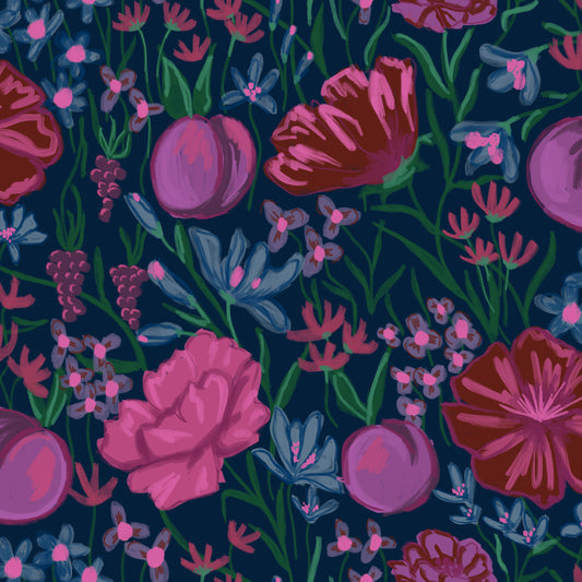 Hand-drawn floral wallpaper in violet and pink on navy
