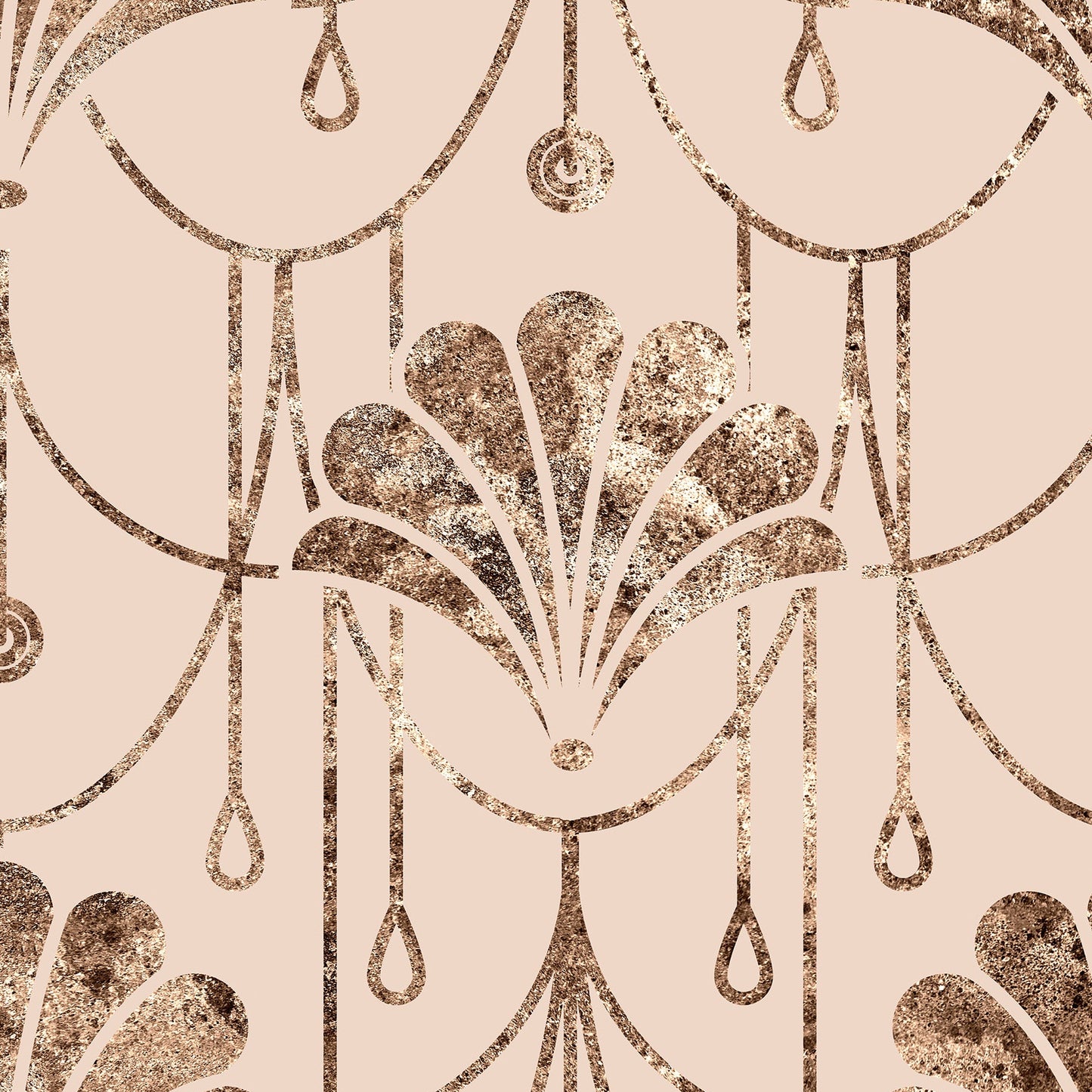A repeating Art Deco style pattern featuring metallic rose gold glitter-textured fan and teardrop motifs on a soft blush pink background.