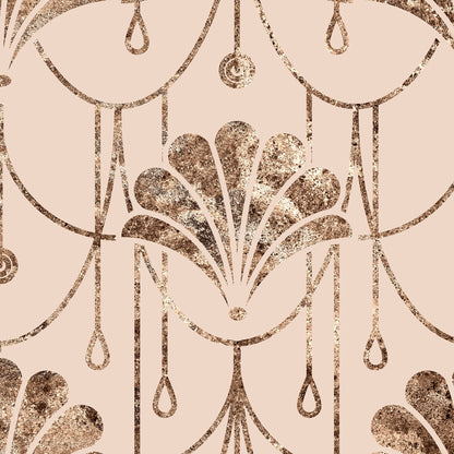 A repeating Art Deco style pattern featuring metallic rose gold glitter-textured fan and teardrop motifs on a soft blush pink background.