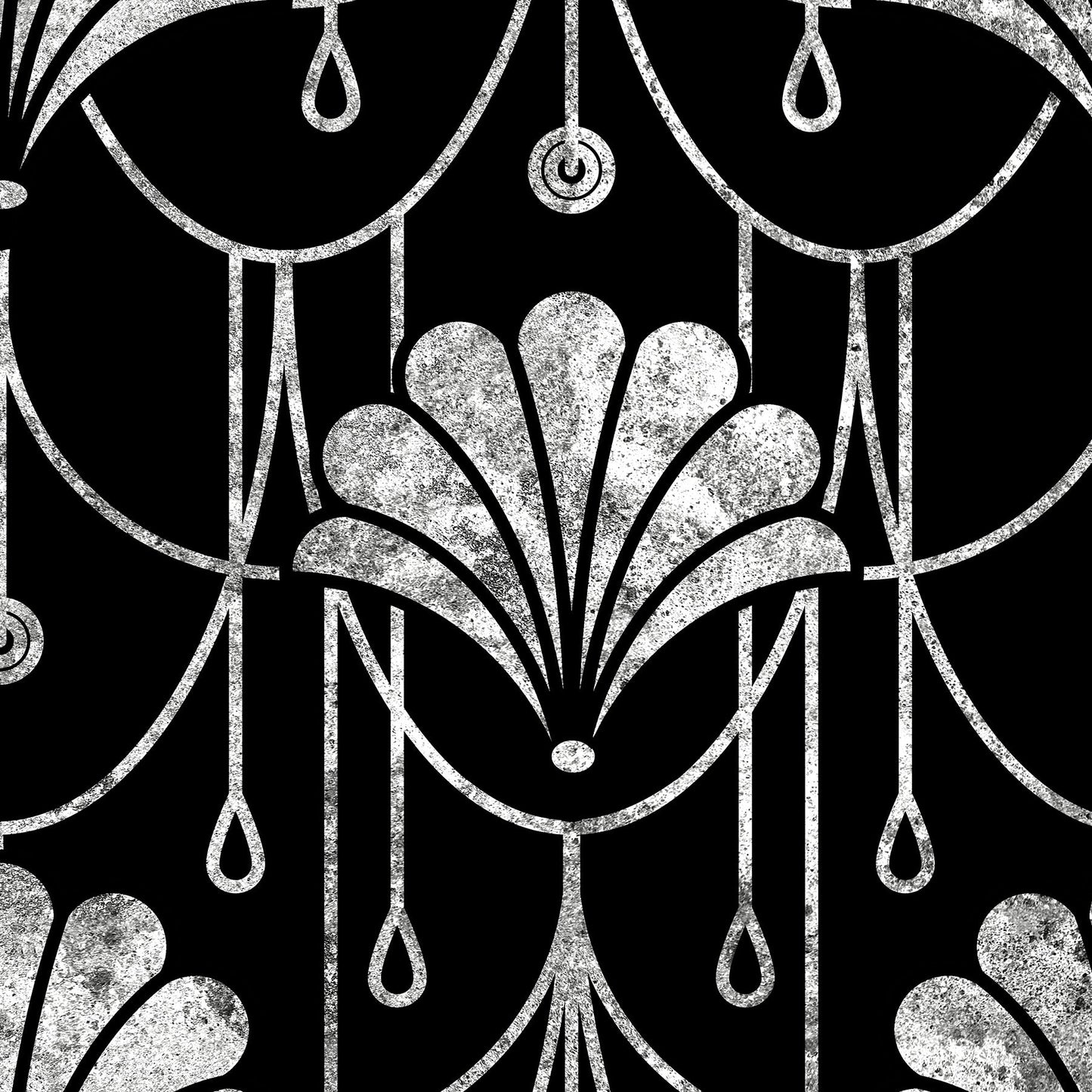 Black and white Art Deco style pattern featuring repeating fan-shaped and scallop motifs with hanging teardrop details on a black background.