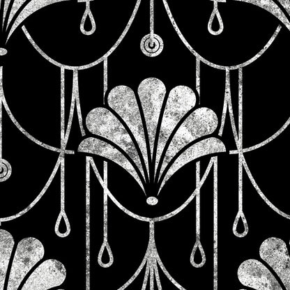 Black and white Art Deco style pattern featuring repeating fan-shaped and scallop motifs with hanging teardrop details on a black background.