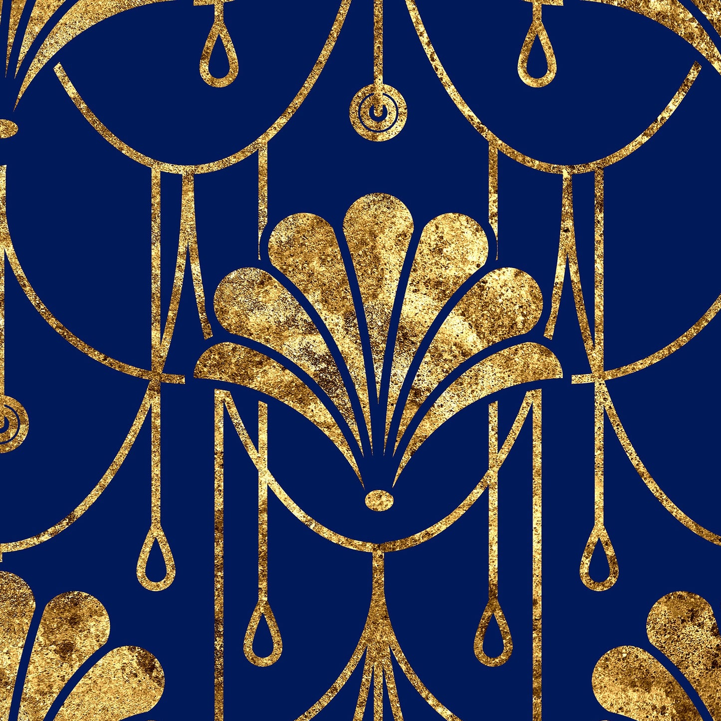 A repeating Art Deco style pattern featuring metallic gold fan-shaped and scalloped motifs over a deep navy blue background.