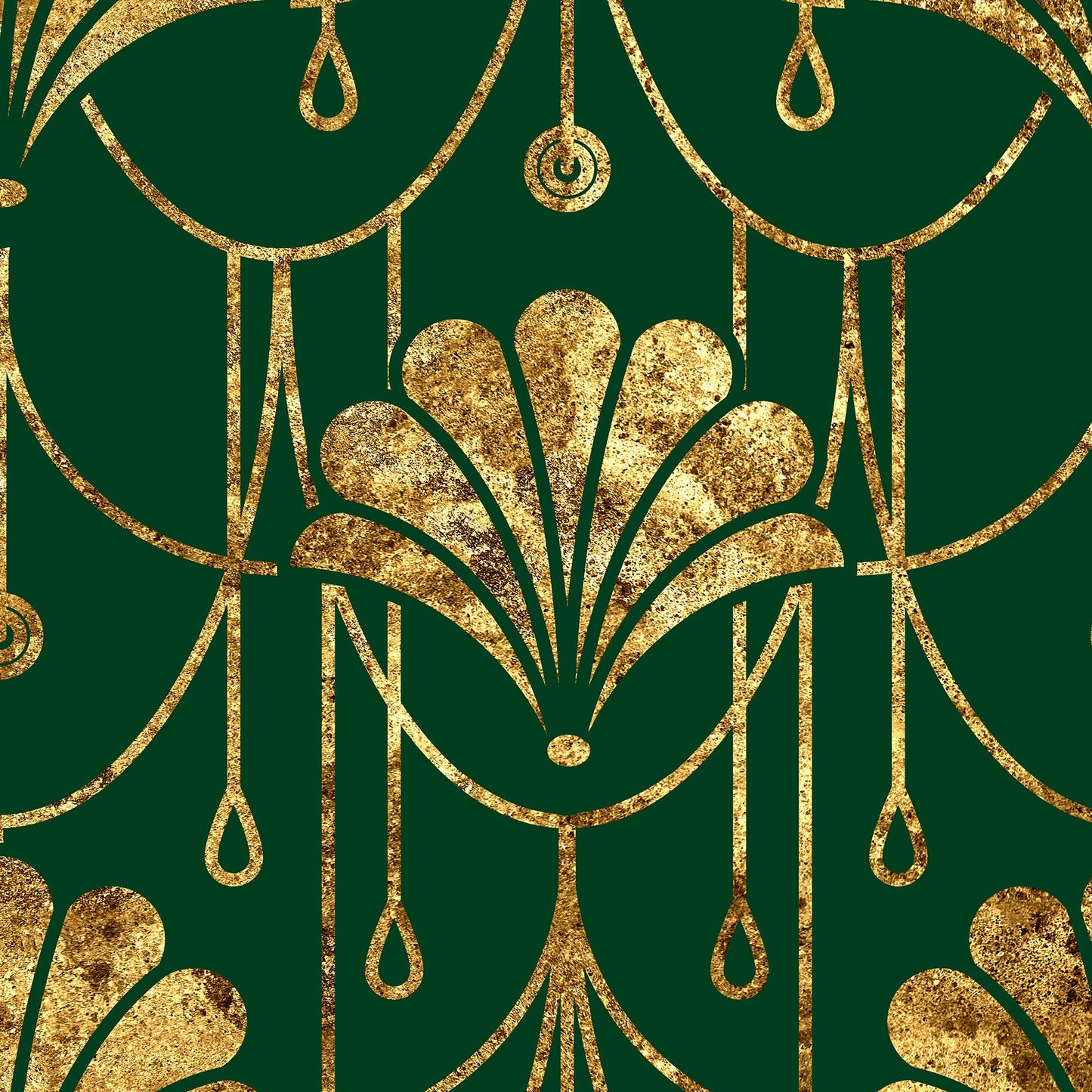 Dark green wallpaper featuring a repeating Art Deco style pattern in textured gold, with fan-shaped motifs, draped lines, and hanging teardrop details.