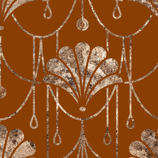 A repeating Art Deco style pattern featuring metallic gold scalloped fan motifs and hanging teardrop details on a warm rust-brown background.
