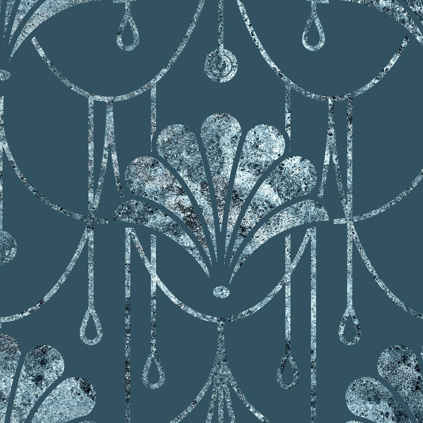 A close-up of a repeating decorative pattern featuring silver-toned ornamental leaf and hanging teardrop motifs on a dark blue background.