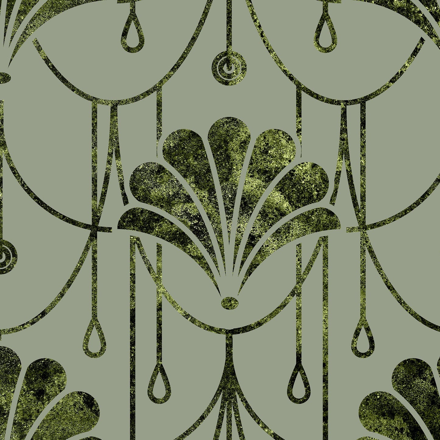 Art Deco style wallpaper pattern featuring olive green fan and teardrop motifs on a muted sage green background.