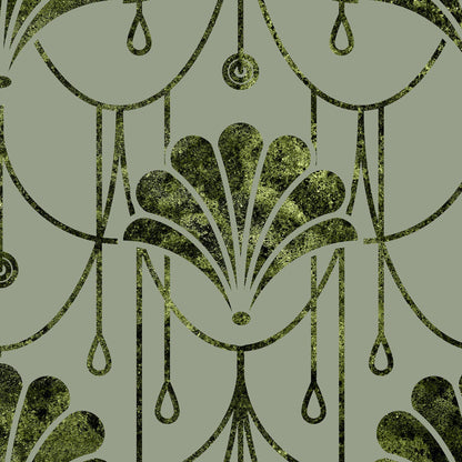 Art Deco style wallpaper pattern featuring olive green fan and teardrop motifs on a muted sage green background.
