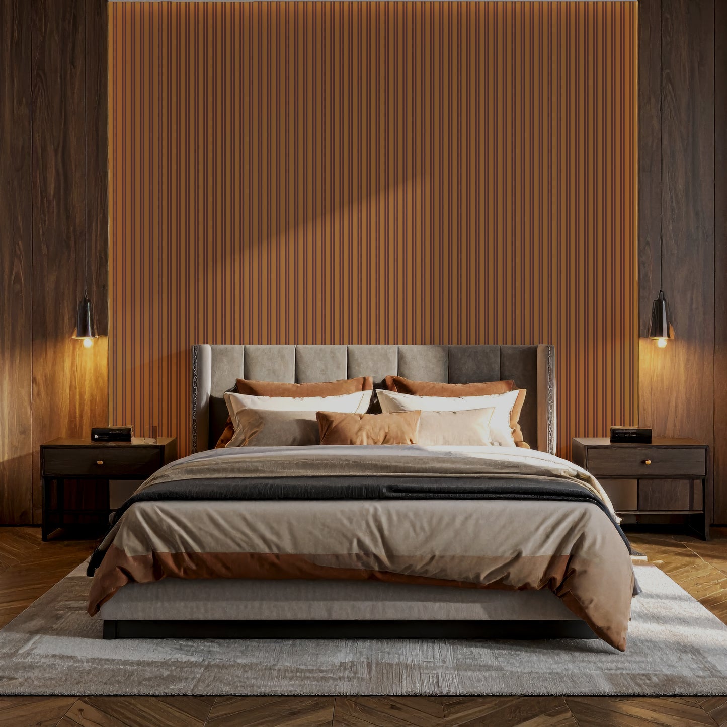 Modern bedroom with a bed against a wooden wall with vertical striped wallpaper.