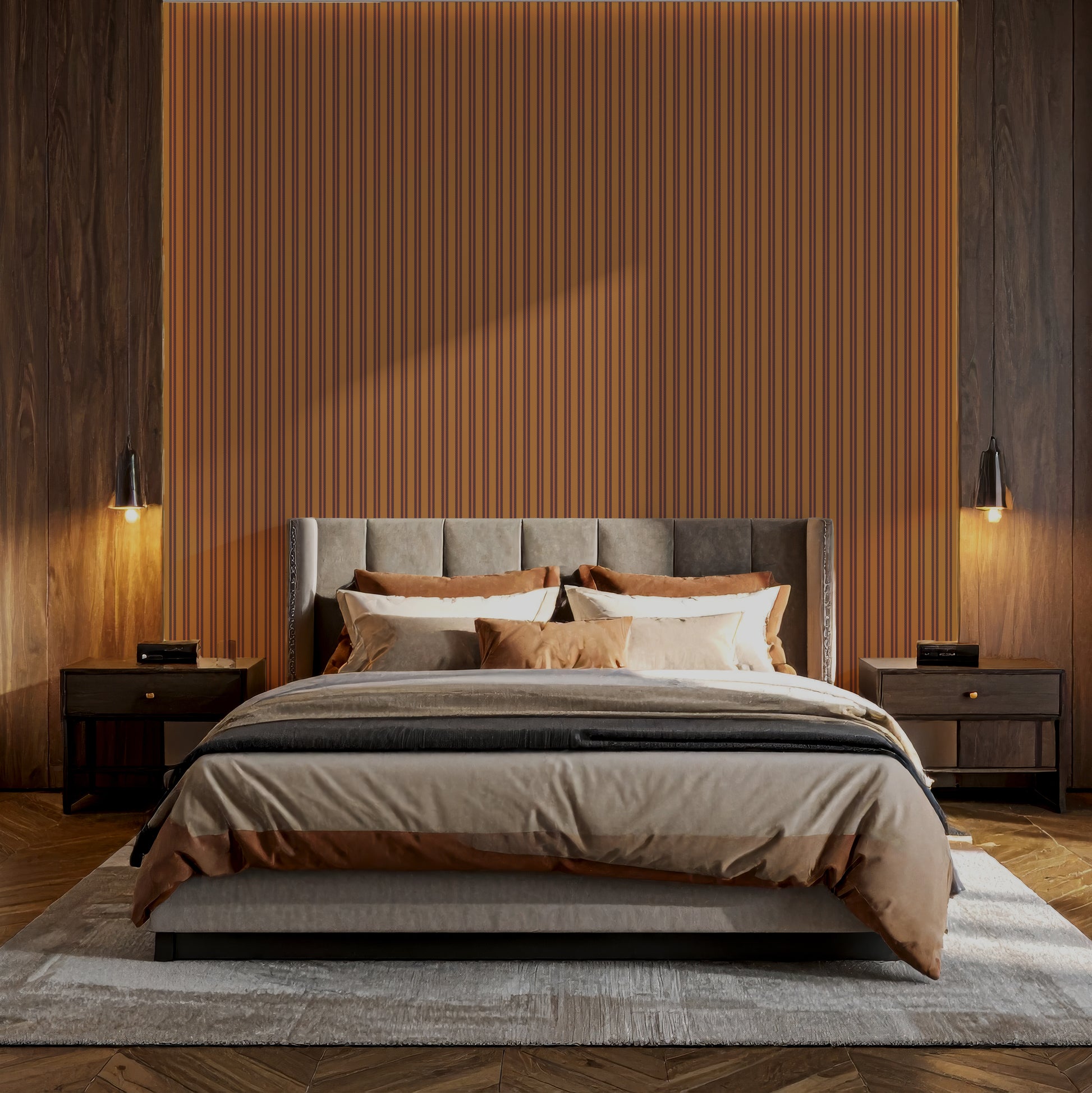 Modern bedroom with a bed against a wooden wall with vertical striped wallpaper.