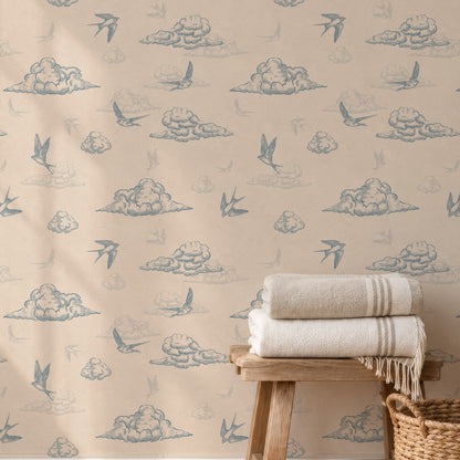 Toile de Jouy wallpaper in a bathroom, blue