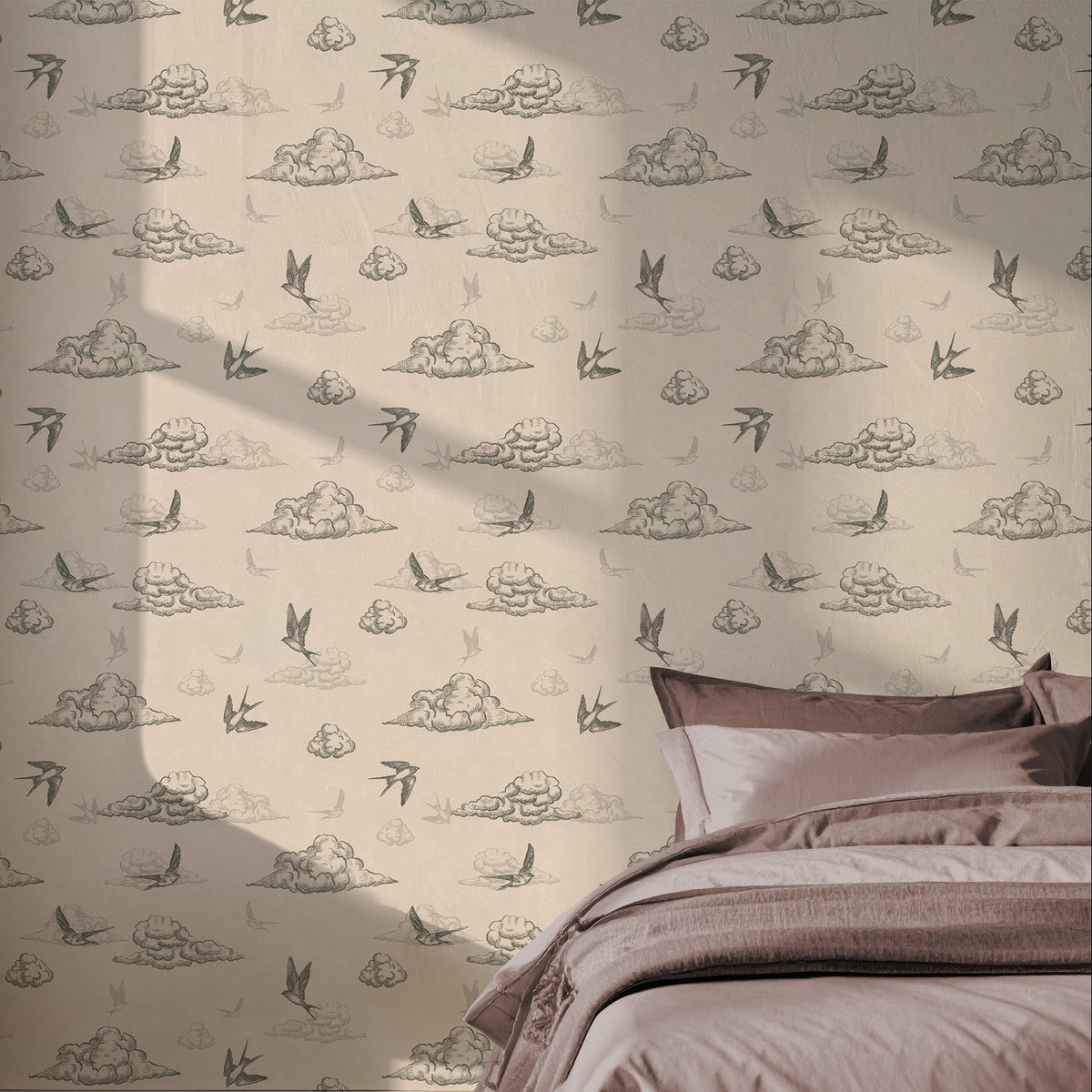 Toile de Jouy wallpaper in a bedroom