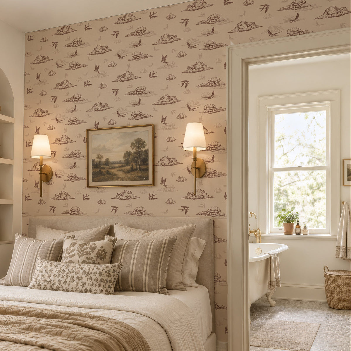 Toile de Jouy wallpaper in a bedroom, brown