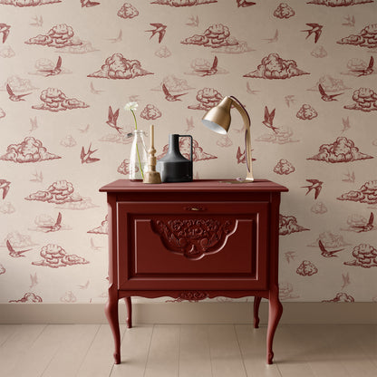 Toile de Jouy wallpaper in a classic interior, red
