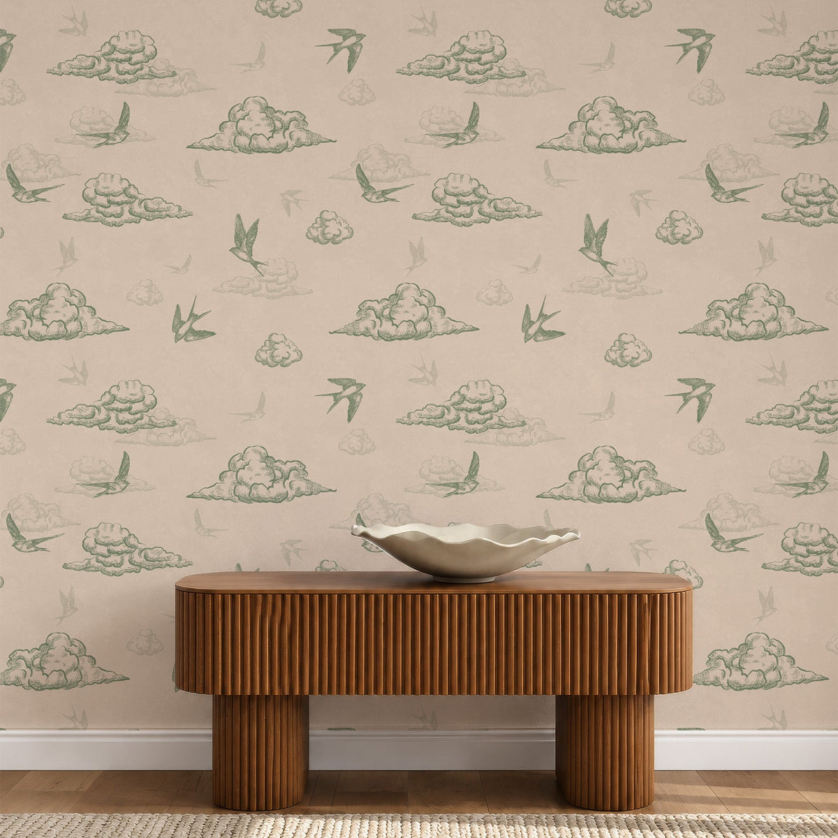 Toile de Jouy wallpaper in a living room, green