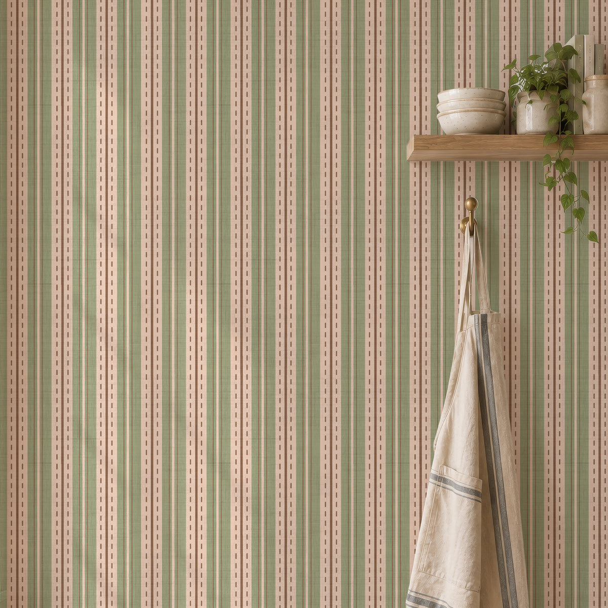 Ticking stripe wallpaper on a kitchen apron wall