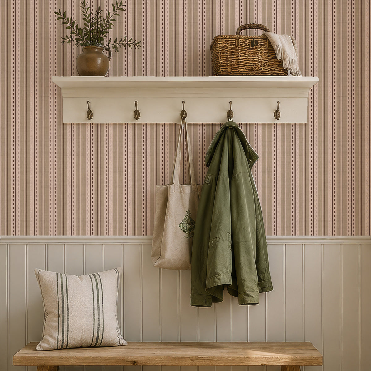 Ticking stripe wallpaper in an entryway